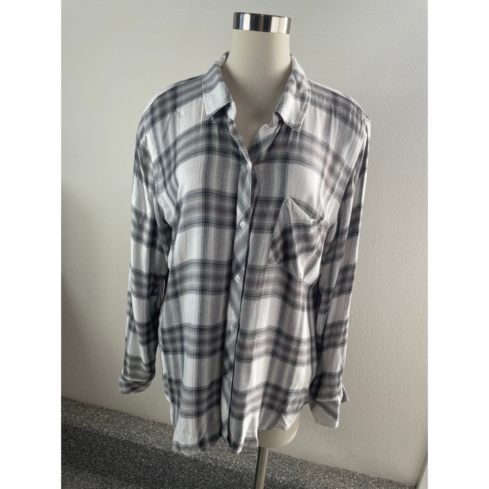 Rails Hunter Womens XL Plaid Button Up Shirt White Ash Mint Grey Rayon Flannel